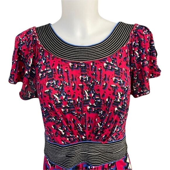 BCBGMAXAZRIA RED FLOWY CASUAL DRESS SCOOP NECK ABSTRACT WATERCOLOR PRINT SZ S - Picture 4 of 9